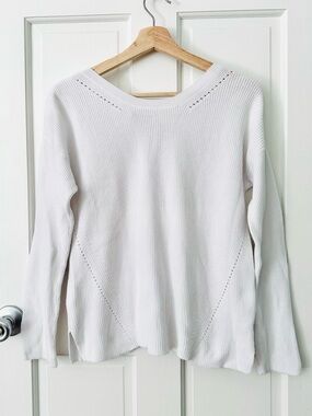 OST White Ribbed Knit Crewneck Sweater 100% Cotton Pointelle Tie Neck Size M